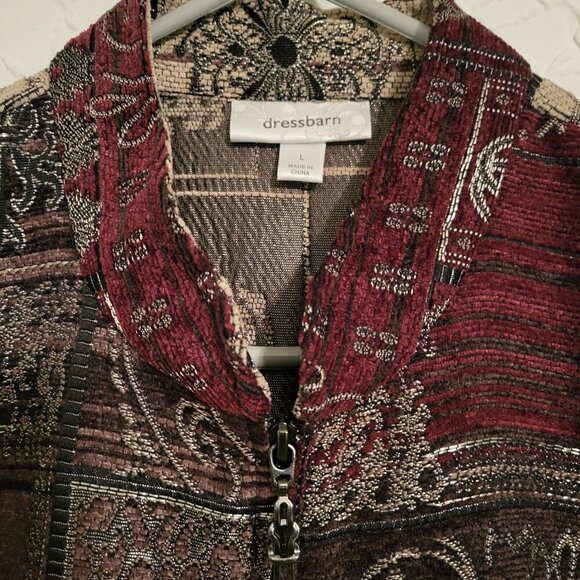 Dress Barn Burgundy Tan Beige Fall Colors Tapestry Zip Up Blazer Size Large - Picture 8 of 12